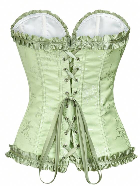 Corsé Vintage Transpirable para Mujer con Encaje Floral Jacquard y Volantes Plisados (12 Varillas, 11 Colores)