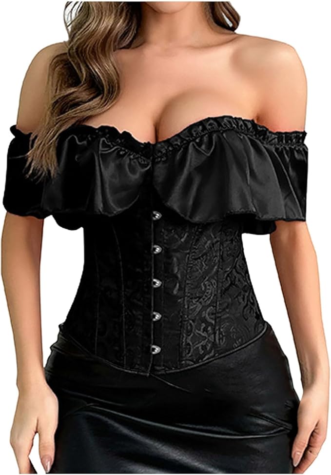 Corsé Negro Hombros Descubiertos con Volado y Botones Frontales
