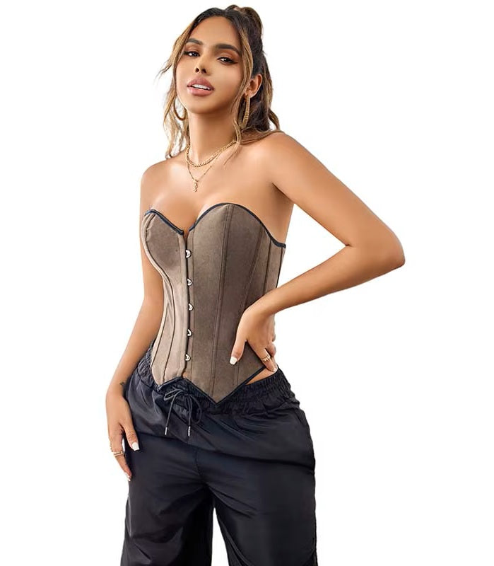 Corsé Strapless Marrón Estructurado con Botones Frontales