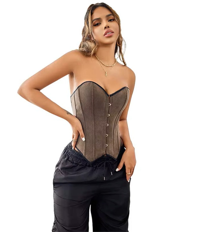 Corsé Strapless Marrón Estructurado con Botones Frontales