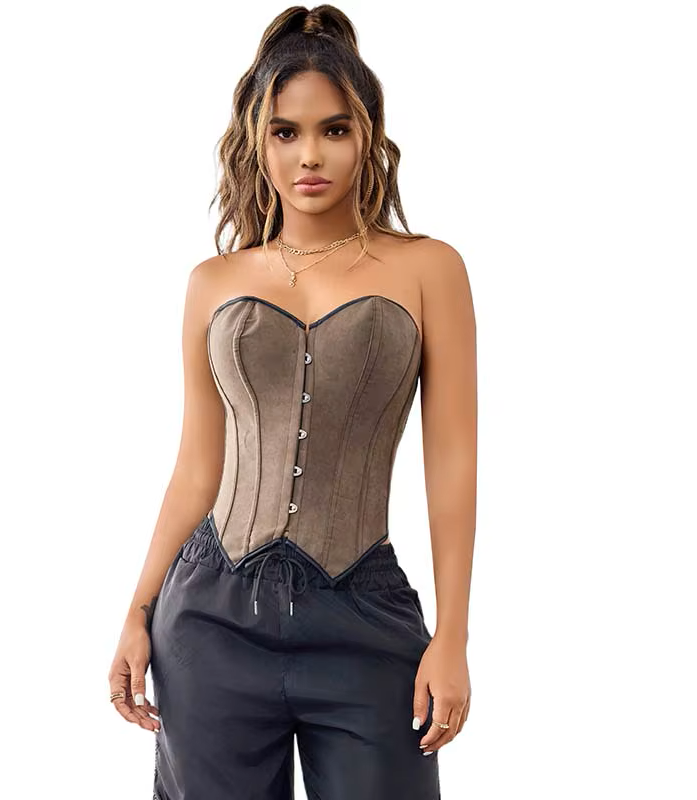 Corsé Strapless Marrón Estructurado con Botones Frontales