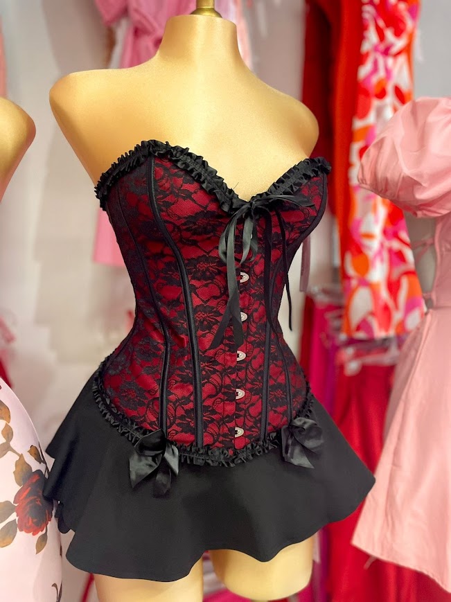 Corset Rojo con Encaje Negro Victoriano Peplum Moldea tu Figura