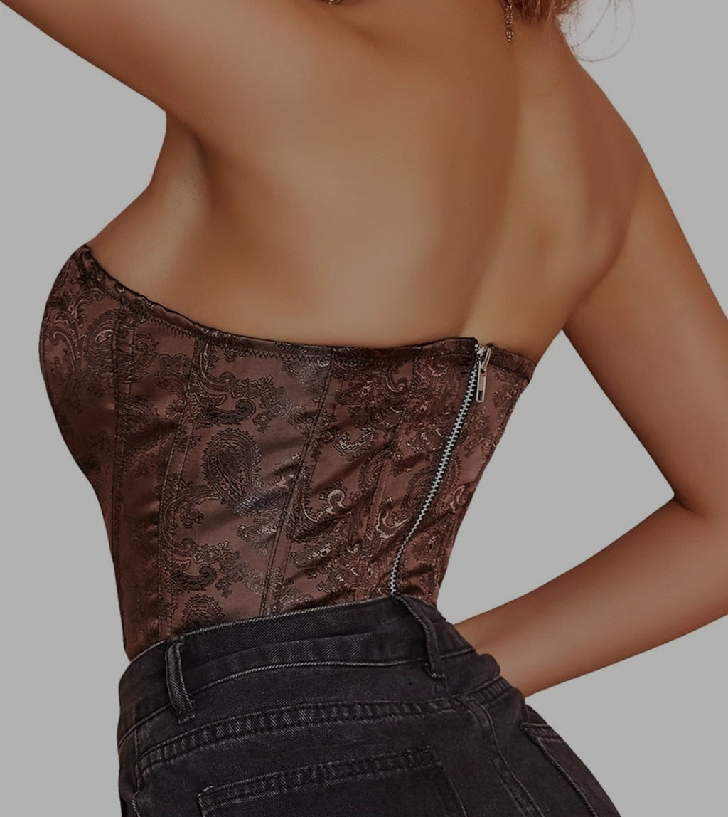 Corset Strapless de Encaje Marrón – Realza la Figura