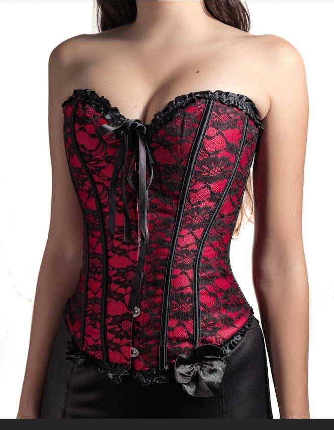 Corset Rojo con Encaje Negro Victoriano Peplum Moldea tu Figura