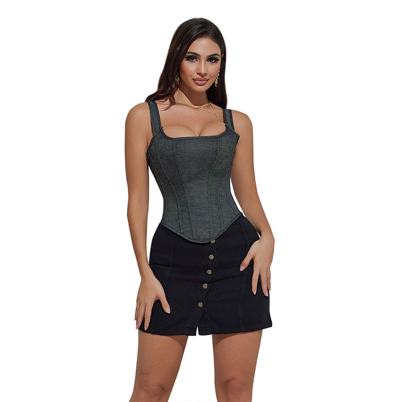 Corsé Top Exterior Denim Elegante para Mujer – Moldea la Cadera y Realza la Figura