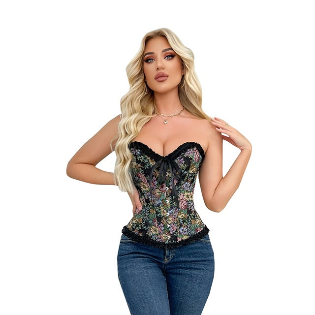 Corsé Gótico Floral de Brocado con Cordones – Moldeador de Cintura Sexy para Mujer